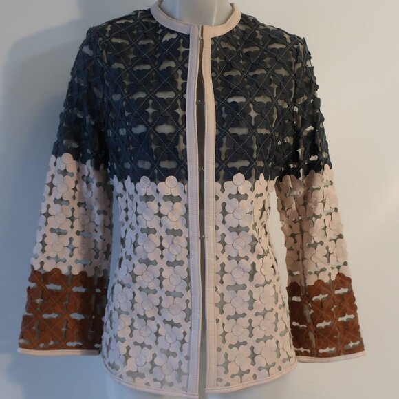 Caban Romantic Navy Blush Brown Laser Cut Leather Applications Jacket 48 US/XL - Picture 2 of 11